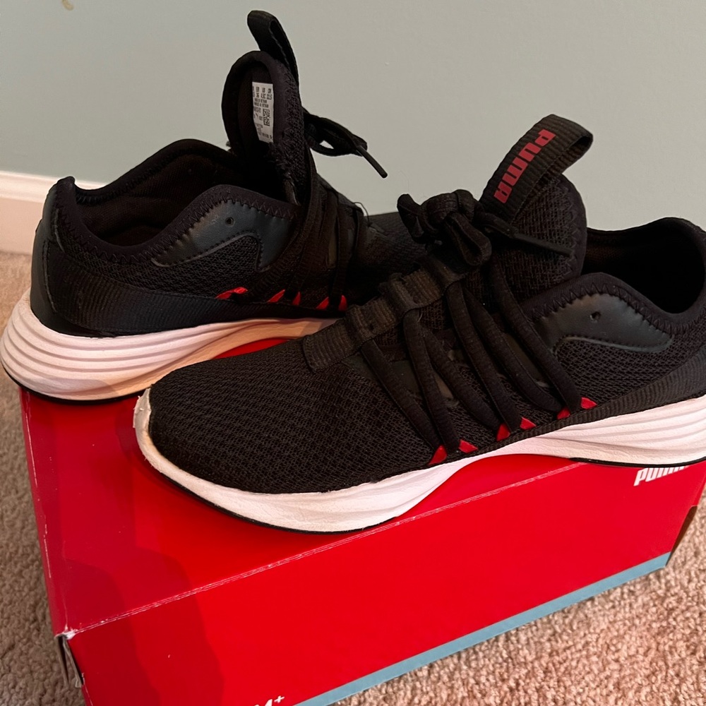 Puma boys running shoes, size 4.5, black and red